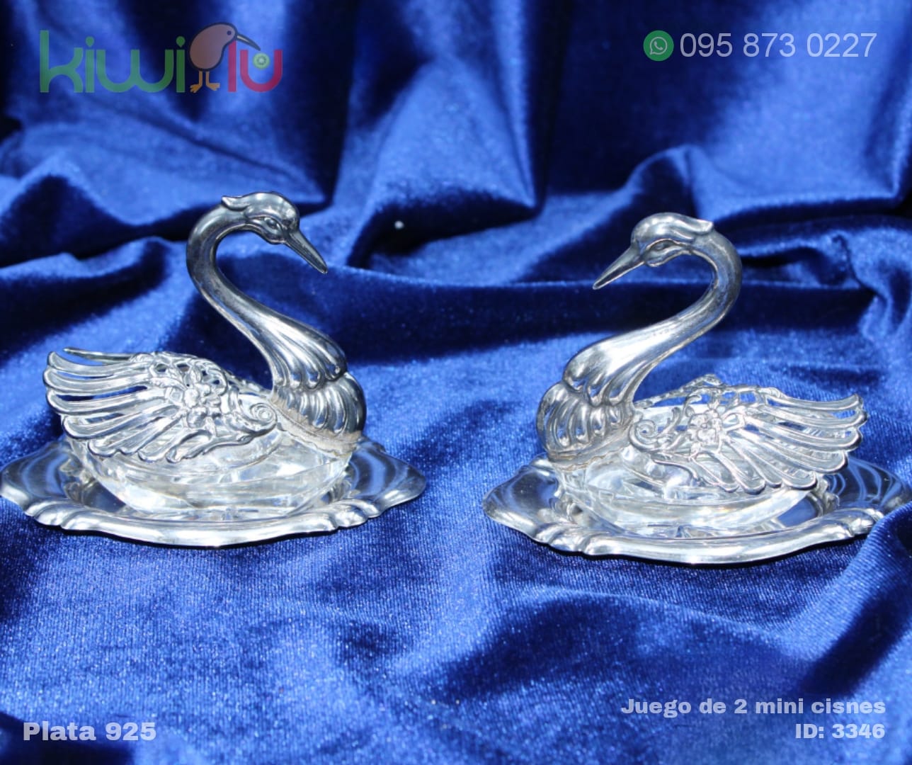 Adorno mini cisnes de plata juego 2 piezas