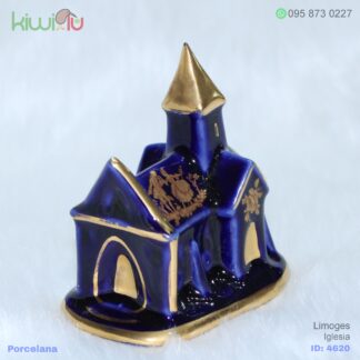 Adorno de porcelana de iglesia color azul con filos dorados